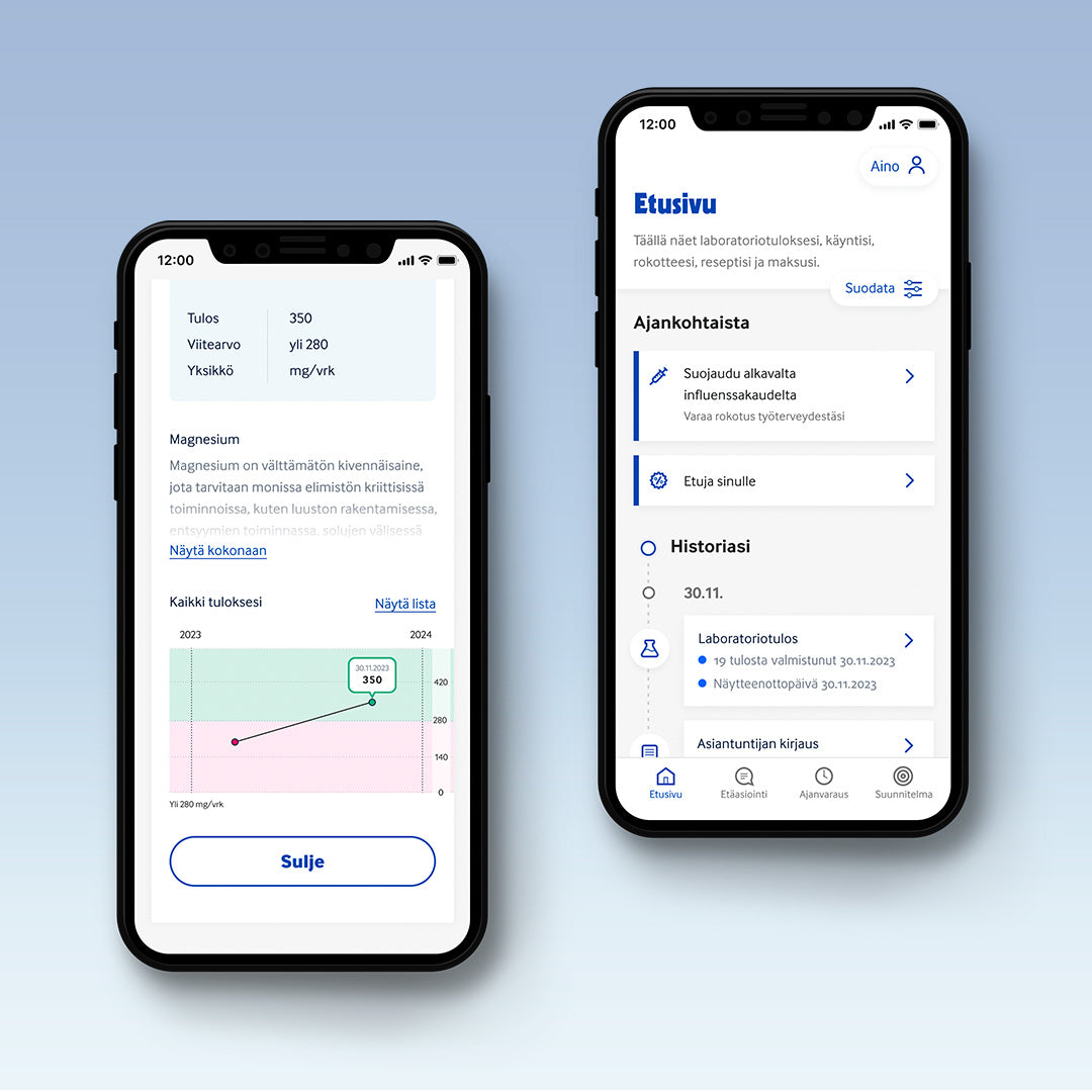 Kaksi älypuhelimen näyttöä Terveystalon sovelluksesta. Vasemmalla magnesiumarvon tulos (350 mg/vrk), viitearvo (yli 280mg/vrk), selitysteksti ja tulosgraafi. Oikealla sovelluksen etusivu, jossa ajankohtaisia ilmoituksia, etuja ja laboratoriotulosten valmistumispäivä.