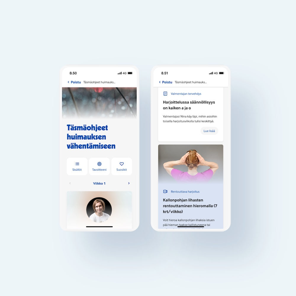 Kaksi älypuhelimen näyttöä Terveystalon sovelluksesta. Vasemmalla valmennuksen aloitussivu ja täsmäohjeet huimauksen vähentämiseen. Oikealla ylhäällä valmentajan tervehdys, alhaalla rentouttava harjoitus (kallonpohjan lihasten rentouttaminen).