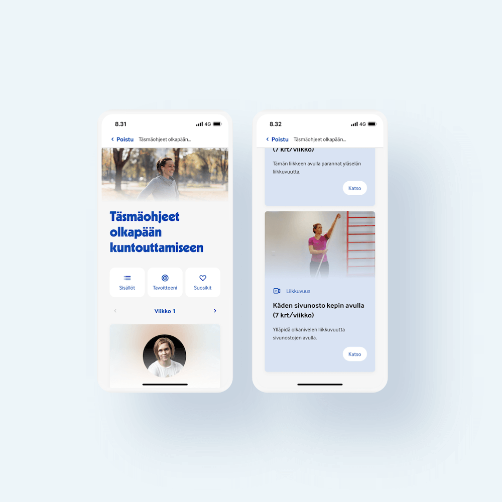 Kaksi älypuhelimen näyttöä Terveystalon sovelluksesta. Vasemmalla valmennuksen aloitussivu ja täsmäohjeet olkapään kuntouttamiseen. Oikealla liikkuvuusharjoitteita, jotka on mahdollista katsoa.