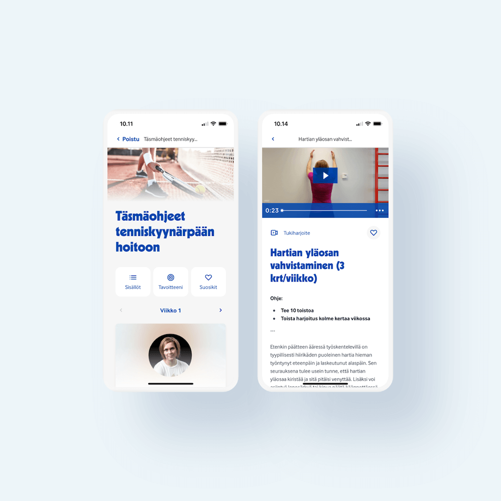 Kaksi älypuhelimen näyttöä Terveystalon sovelluksesta. Vasemmalla valmennuksen aloitussivu ja täsmäohjeet tenniskyynärpään hoitoon. Oikealla liikkuvuusharjoite hartian yläosan vahvistamiseen (3krt/vk), sisältää tekstin lisäksi myös videon.