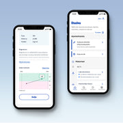 Kaksi älypuhelimen näyttöä Terveystalon sovelluksesta. Vasemmalla magnesiumarvon tulos (350 mg/vrk), viitearvo (yli 280mg/vrk), selitysteksti ja tulosgraafi. Oikealla sovelluksen etusivu, jossa ajankohtaisia ilmoituksia, etuja ja laboratoriotulosten valmistumispäivä.