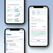 Kolme älypuhelimen näyttöä Terveystalon sovelluksesta. Vasemmalla ylhäällä valmistuneet tulokset (kolesteroliarvot), alhaalla sovelluksen etusivu, jossa ajankohtaisia ilmoituksia ja etuja. Vasemmalla ferritiiniarvon tulos (50µg/l), viitearvo (10-150µg/l), selitysteksti ja tulosgraafi. 