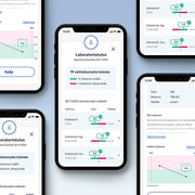Viisi älypuhelimen näyttöä Terveystalon sovelluksesta. Keskellä laboratorion koontisivu, jossa 19 valmistunutta tulosta (17 viitearvojen sisällä ja 2 ulkopuolella) sekä kolesterolitulokset graafeineen. Oikealla ylhäällä sama kolesterolitulos ja alhaalla  B12-vitamiinituloksetaulukko (256 pmol/l, viitearvo 138-652 pmol/l), selitysteksti ja tulosgraafi.