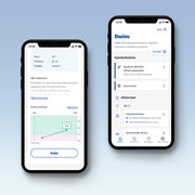 Kaksi älypuhelimen näyttöä Terveystalon sovelluksesta. Vasemmalla HDL-kolesterolin tulos (2,0 mmol/l), tulosgraafi ja selitysteksti. Oikealla sovelluksen etusivu, jossa ajankohtaisia ilmoituksia, etuja ja laboratoriotulosten valmistumispäivä.