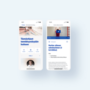 Kaksi älypuhelimen näyttöä Terveystalon sovelluksesta. Vasemmalla valmennuksen aloitussivu ja täsmäohjeet tenniskyynärpään hoitoon. Oikealla liikkuvuusharjoite hartian yläosan vahvistamiseen (3krt/vk), sisältää tekstin lisäksi myös videon.