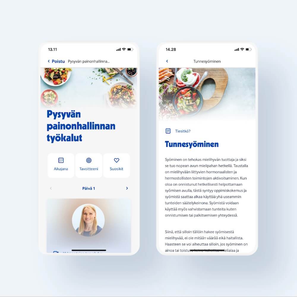 Kaksi älypuhelimen näyttöä Terveystalon sovelluksesta. Vasemmalla valmennuksen aloitussivu, päivä 1. Oikealla 