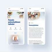 Kaksi älypuhelimen näyttöä Terveystalon sovelluksesta. Vasemmalla valmennuksen aloitussivu, päivä 1. Oikealla "Tiesitkö?" -osion teksti tunnesyömisestä.