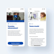 Kaksi älypuhelimen näyttöä Terveystalon sovelluksesta. Vasemmassa näytössä on valmentajan videotervehdys. Oikeassa näytössä pohdintaosio  "Tutustu stressiin". 