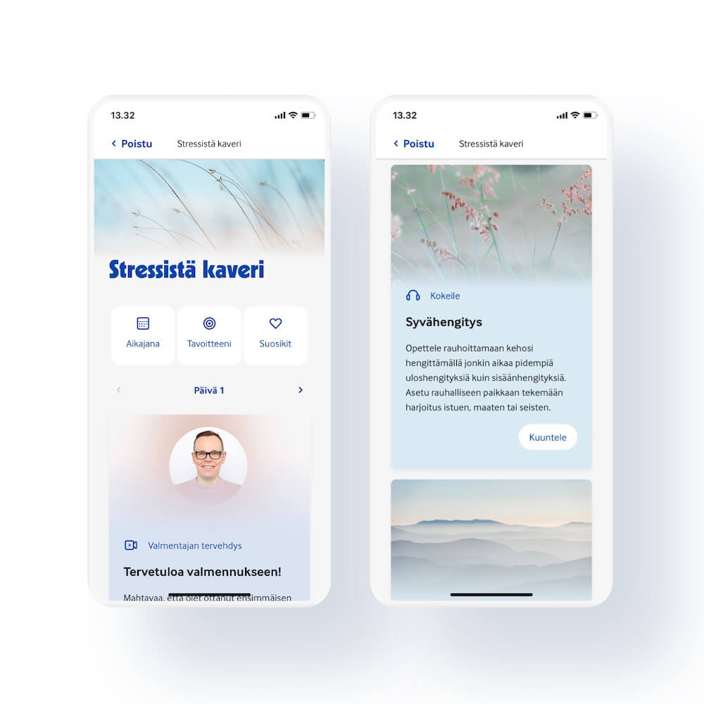 Kaksi älypuhelimen näyttöä Terveystalon sovelluksesta. Vasemmalla valmennuksen aloitussivu, josta löytyy sisällöt, omat tavoitteet ja suosikit. Oikealla harjoitus nimeltä 