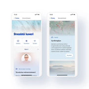 Kaksi älypuhelimen näyttöä Terveystalon sovelluksesta. Vasemmalla valmennuksen aloitussivu, josta löytyy sisällöt, omat tavoitteet ja suosikit. Oikealla harjoitus nimeltä "Syvähengitys", jonka voi kuunnella.