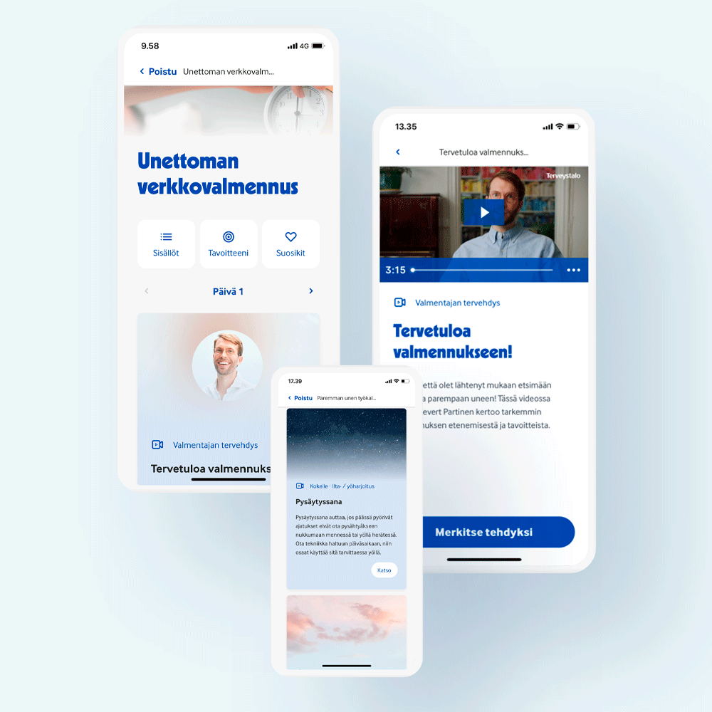Kolme älypuhelimen näyttöä Terveystalon sovelluksesta. Vasemmalla valmennuksen aloitussivu, josta löytyy sisällöt, omat tavoitteet ja suosikit. Keskellä alhaalla harjoitus nimeltä 
