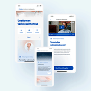 Kolme älypuhelimen näyttöä Terveystalon sovelluksesta. Vasemmalla valmennuksen aloitussivu, josta löytyy sisällöt, omat tavoitteet ja suosikit. Keskellä alhaalla harjoitus nimeltä "Pysäytyssana" sekä sen ohjeistus. Oikealla valmentajan videotervehdys, jonka voi merkitä tehdyksi.
