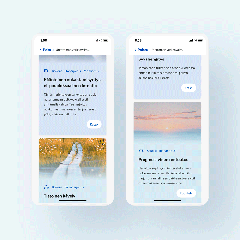 Vasemmalla näkyy harjoitus nimeltä 'Käänteinen nukahtamisyritys eli paradoksaalinen intentio